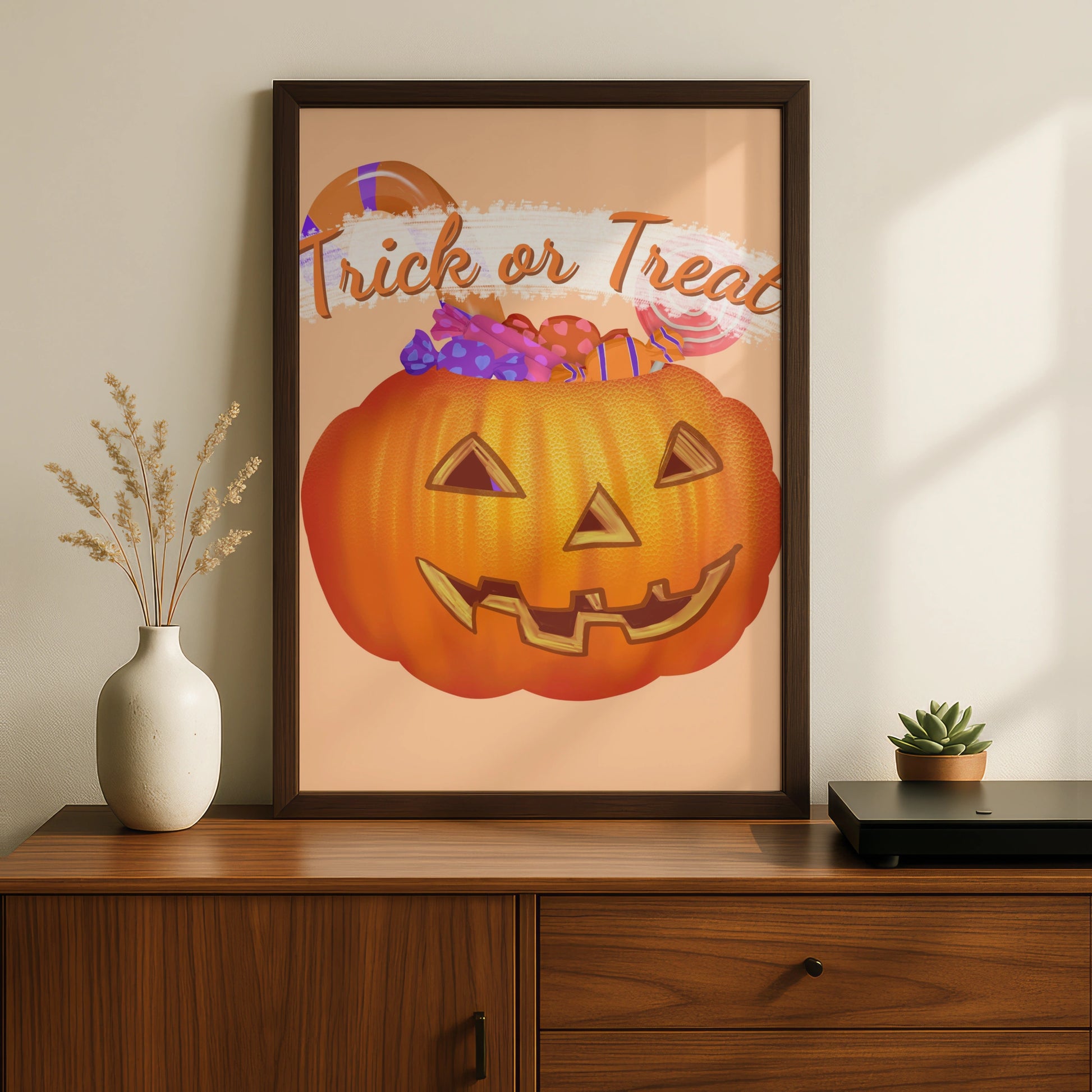Trick or Treat Halloween Poster, Jack-o-Lantern Candy Print, Pumpkin Wall Art