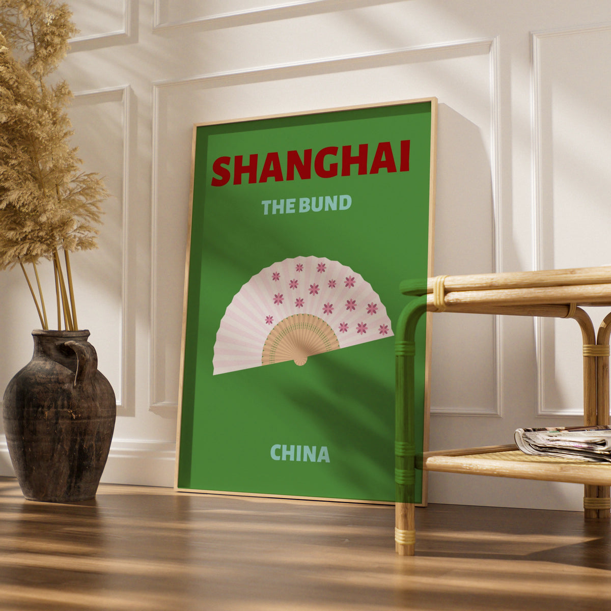 Shanghai The Bund Travel Poster, China Wall Art, Retro Chinese Fan Print