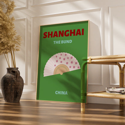 Shanghai The Bund Travel Poster, China Wall Art, Retro Chinese Fan Print
