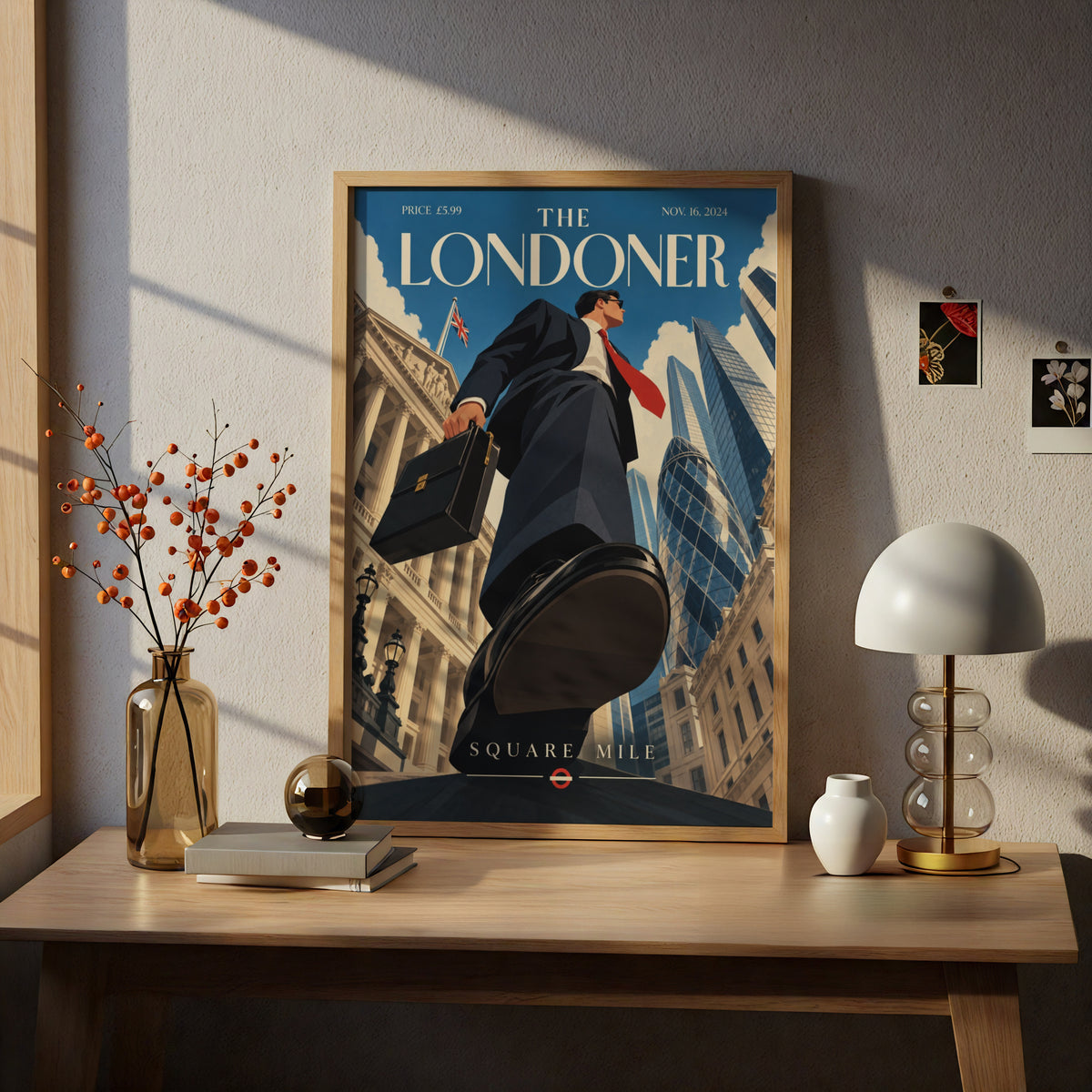 London Square Mile Poster, Retro Magazine Cover Wall Art, City of London Gherkin Print, Office