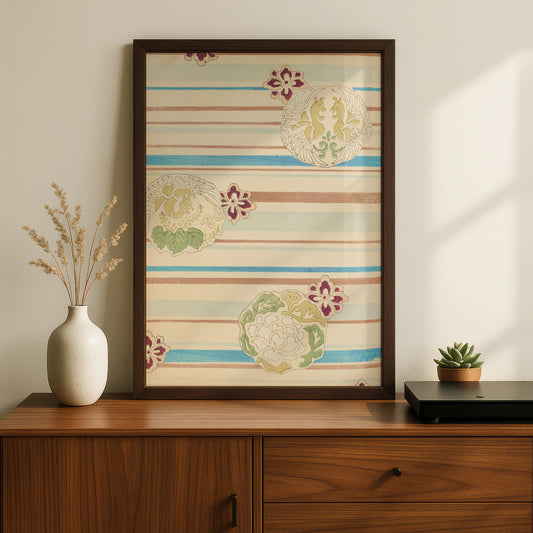 Vintage Japanese Woodblock Wall Art, Bijutsukai 1901 Floral Japandi Print Poster – A5 Black frame