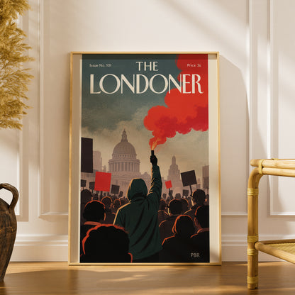 The Londoner Magazine Cover Poster, London Protest Wall Art, Vintage Style Red Smoke Art Print