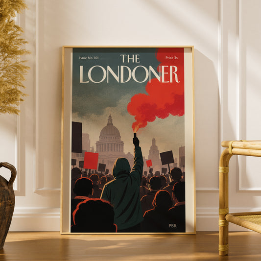 The Londoner Magazine Cover Poster, London Protest Wall Art, Vintage Style Red Smoke Art Print
