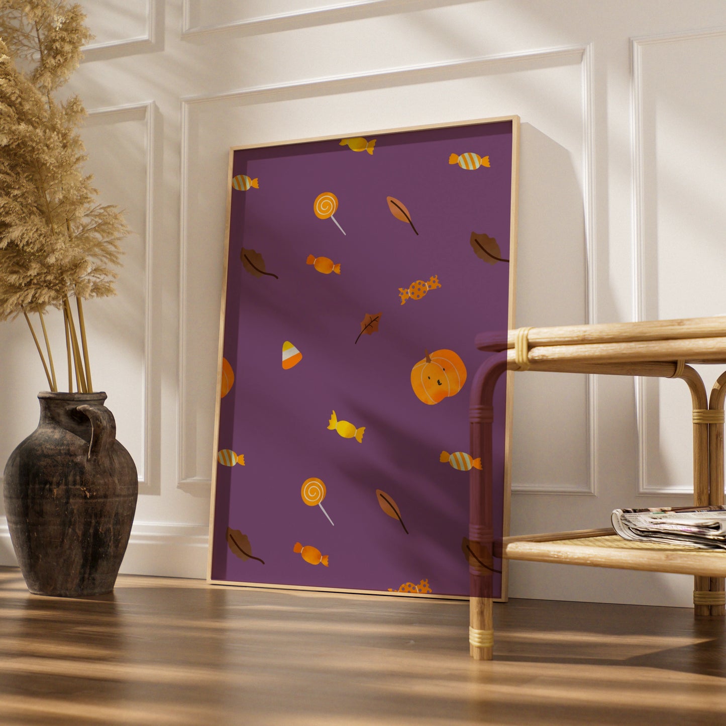 Halloween Candy Pattern Poster, Trick or Treat Wall Art, Pumpkin Purple Print