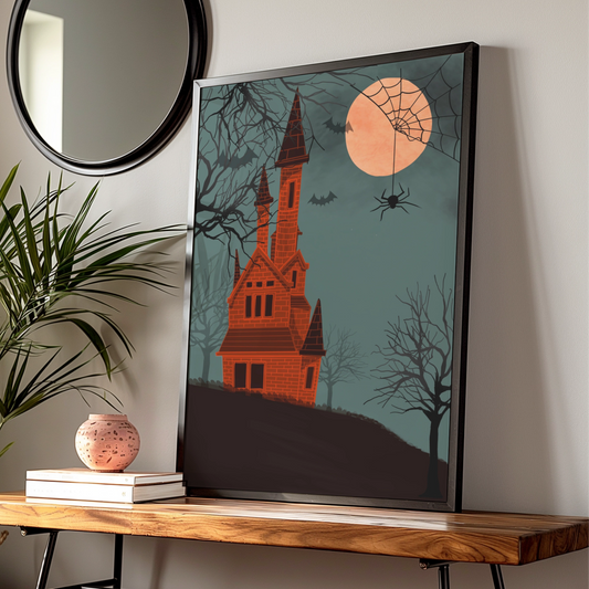 Halloween Haunted House Poster, Spooky Castle Full Moon Wall Art, Bats Spider Print