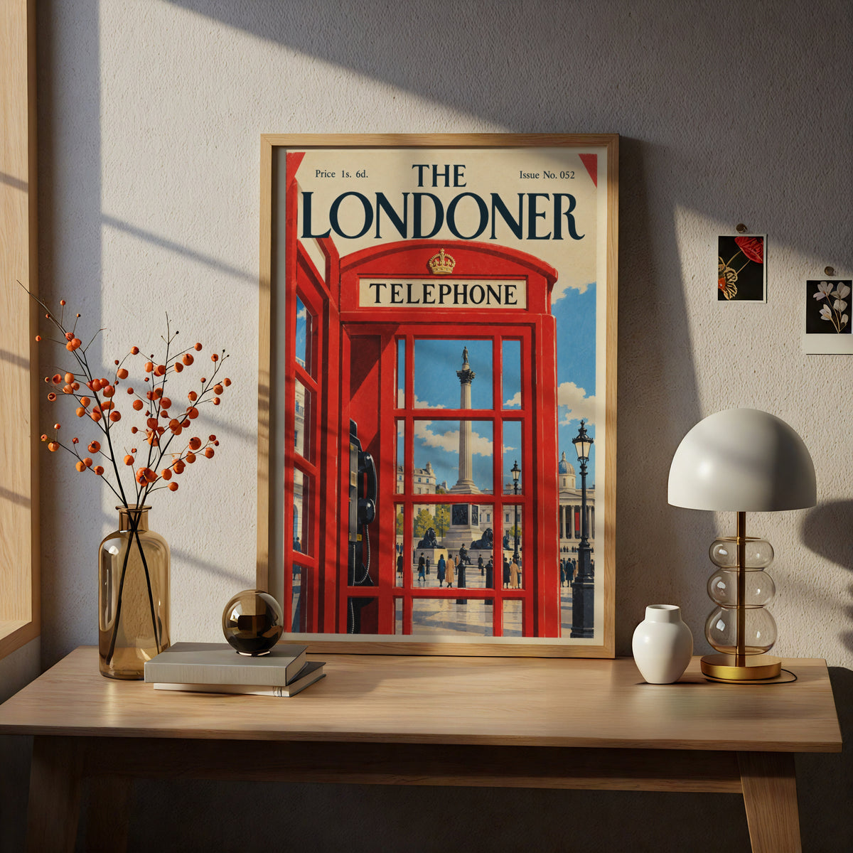 London Red Telephone Box Poster, Trafalgar Square Wall Art, Vintage Magazine Cover Art Print