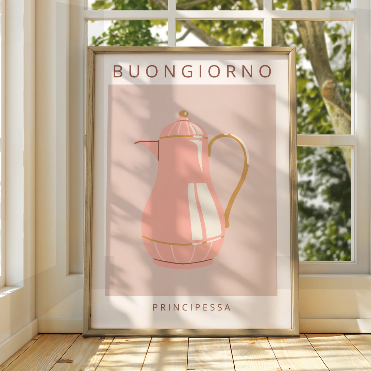 Buongiorno Principessa Coffee Pot Poster, Pink Kitchen Wall Art, Italian maximalist print