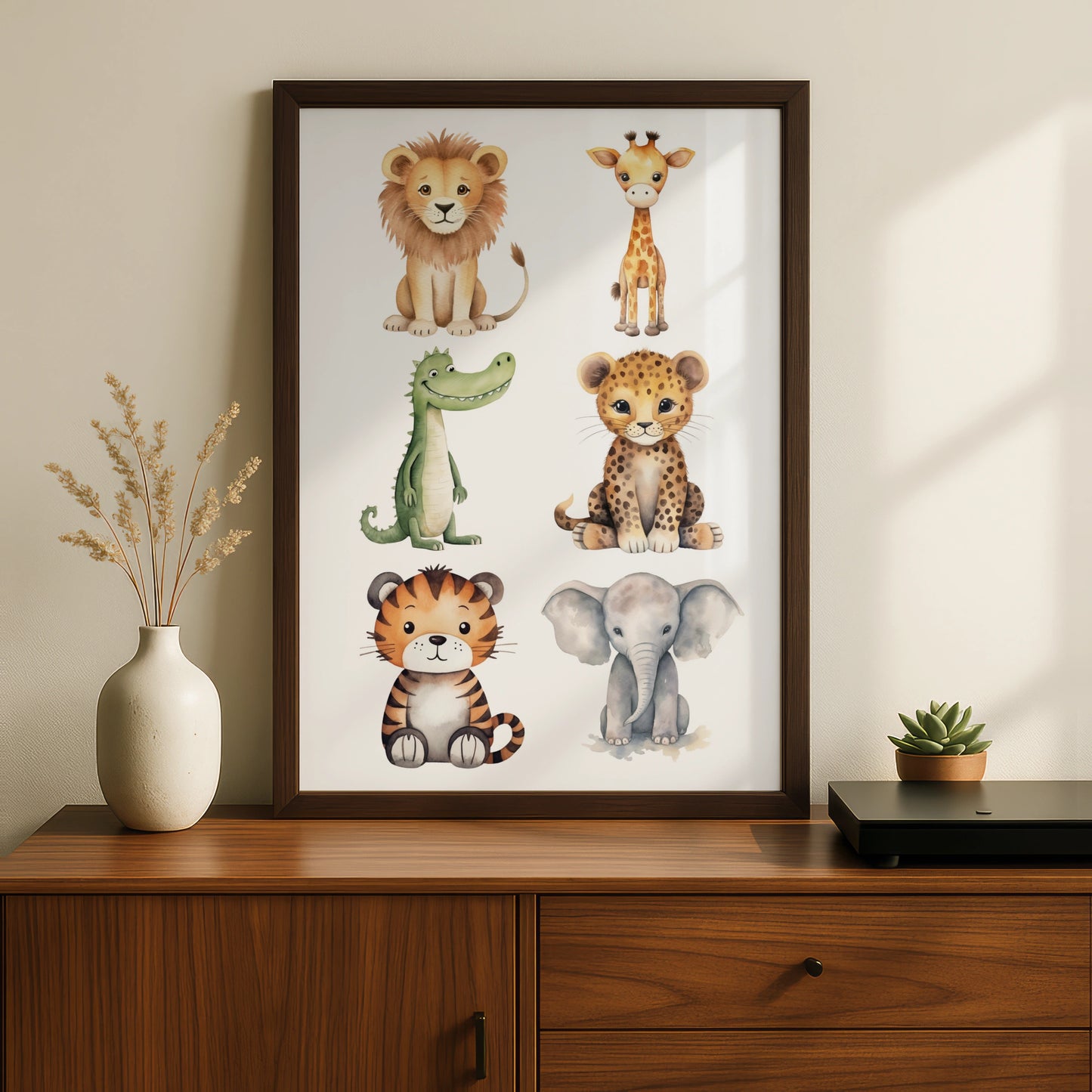 Safari Nursery Wall Art, Cute Baby Animals Poster, Lion Elephant Giraffe Tiger Kids Room Print