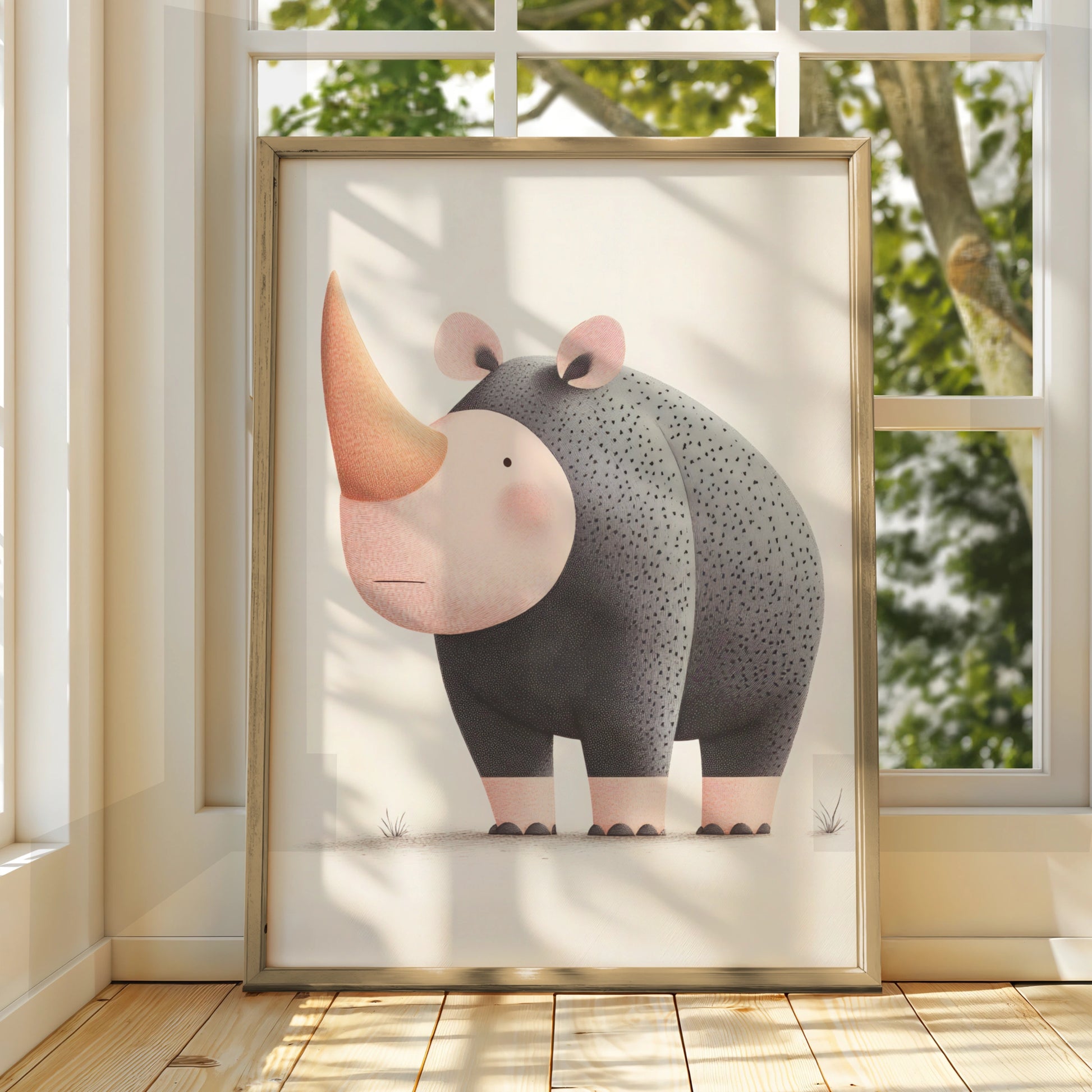 Cute Rhino Nursery Wall Art, Safari Animal Print, Kids Room Poster, Grey Pink Decor