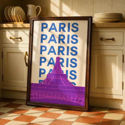 Paris Travel Poster, Eiffel Tower Wall Art, Retro France Print, Bold Typography City Decor