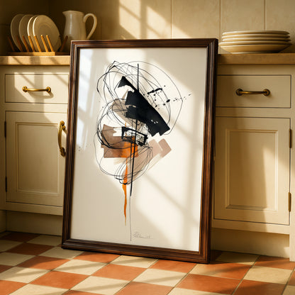 Modern Abstract Wall Art, Black Orange Ink Print, Contemporary Monochrome Poster, Gallery Wall Decor