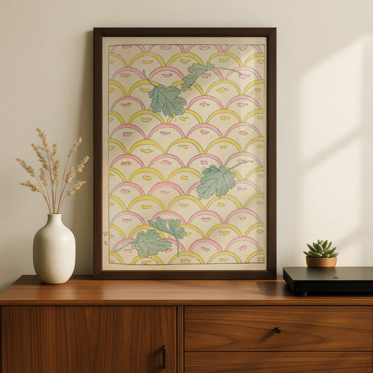 Japanese Botanical Print, Vintage Woodblock Wall Art, Leaf Scallop Pattern, Japandi Floral Poster – A5 Black frame