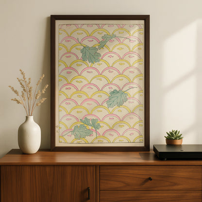 Japanese Botanical Print, Vintage Woodblock Wall Art, Leaf Scallop Pattern, Japandi Floral Poster – A5 Black frame