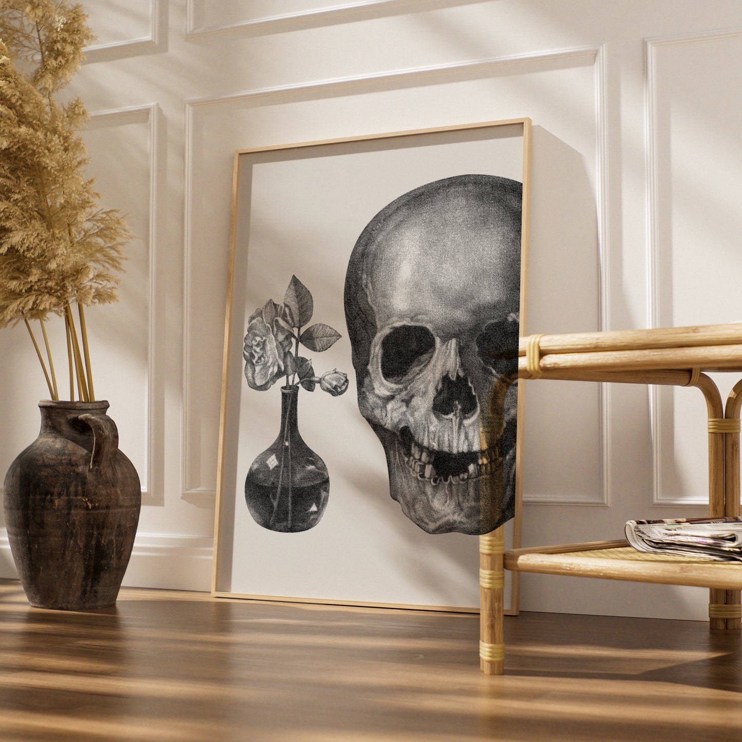 Skull and Rose Halloween Wall Art, Gothic Black White Vanitas Poster, Dark Floral Print