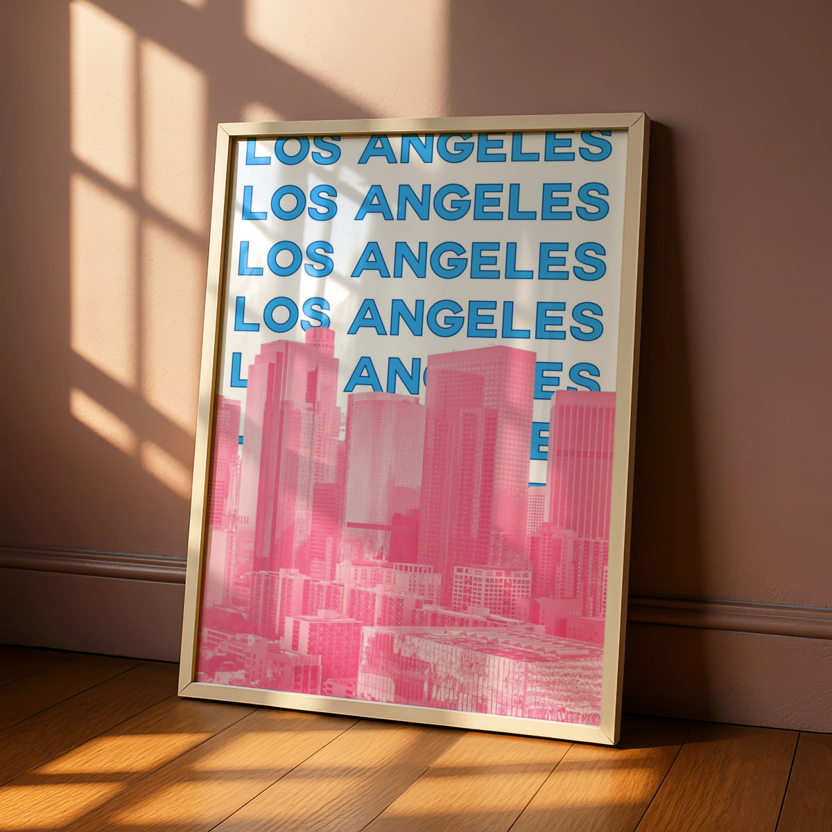 Los Angeles Travel Poster, Retro LA City Wall Art, Pink Blue Skyline Print, California