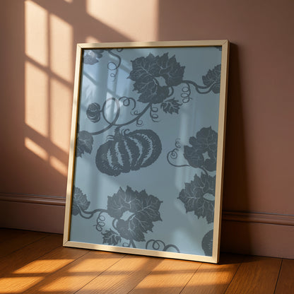 Halloween Pumpkin Vine Wall Art, Blue Grey Botanical Poster, Spooky Autumn Decor Print