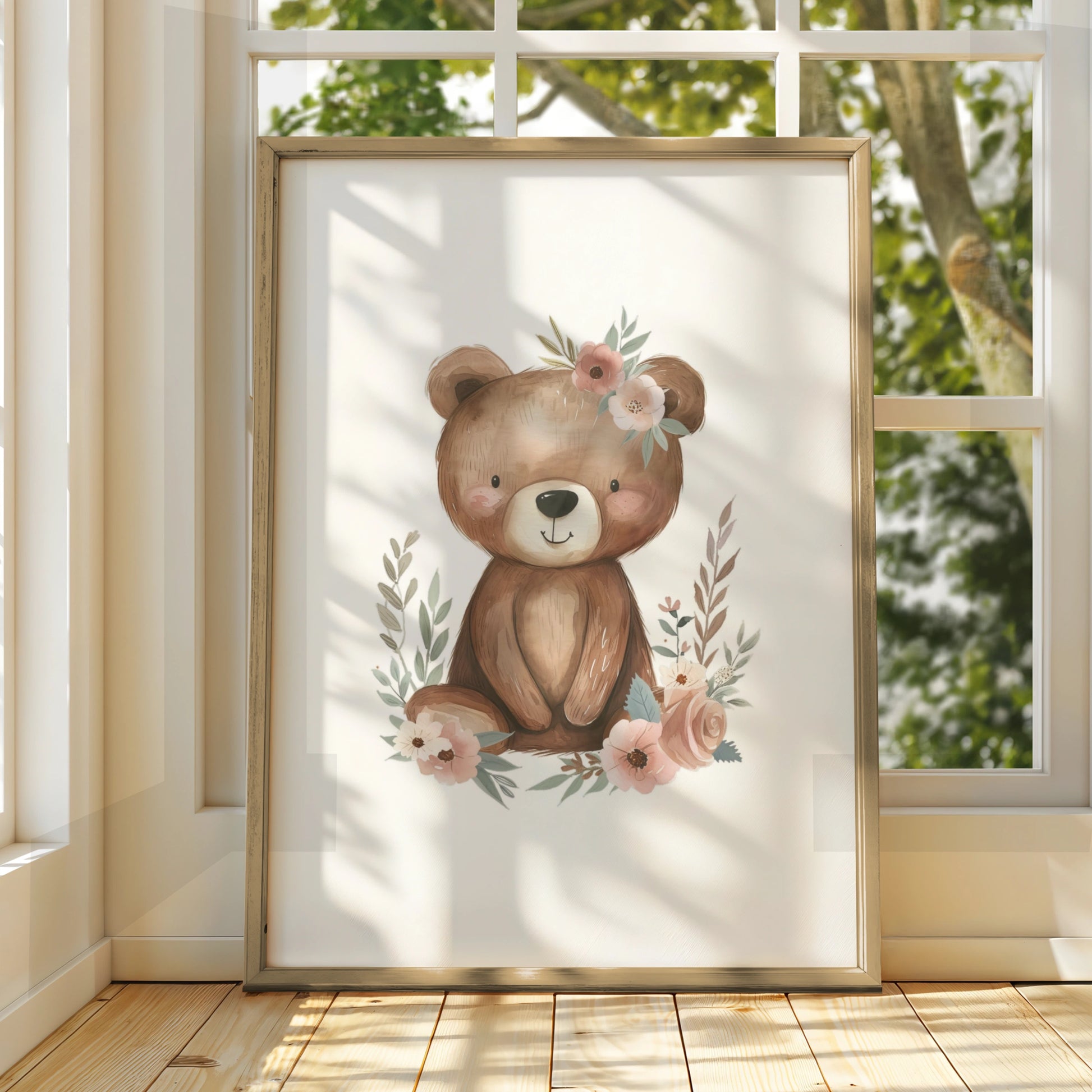 Floral Teddy Bear Nursery Wall Art, Baby Girl Poster, Boho Bear Print, Kids Room Decor