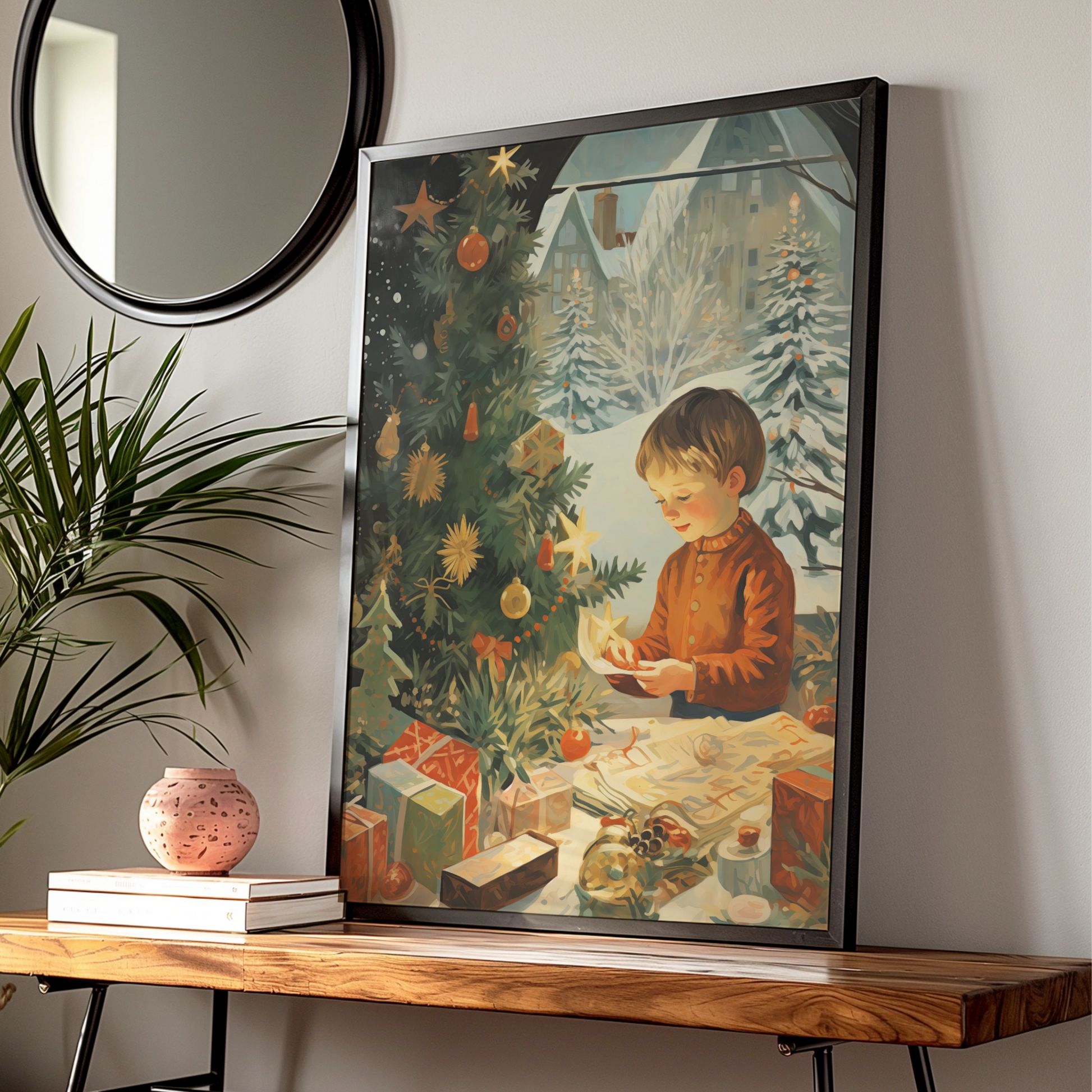 Vintage Christmas Poster, Child by Tree with Gifts, Retro Festive Wall Art Print