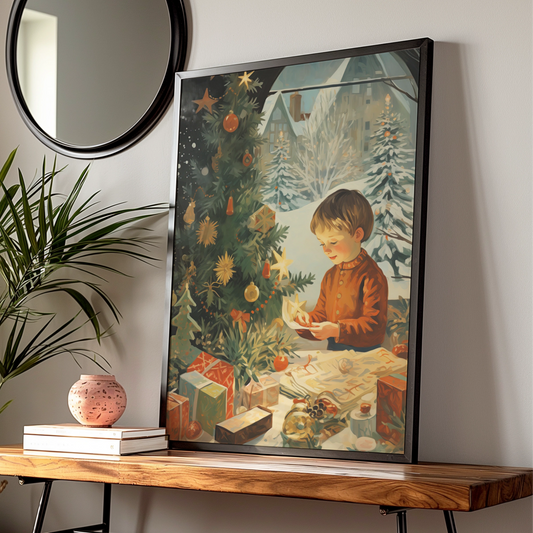 Vintage Christmas Poster, Child by Tree with Gifts, Retro Festive Wall Art Print