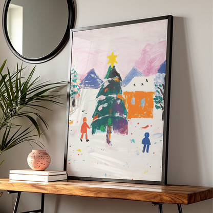 Christmas Tree Village Poster, Colourful Winter Scene, Festive Wall Art, Xmas Holiday Print