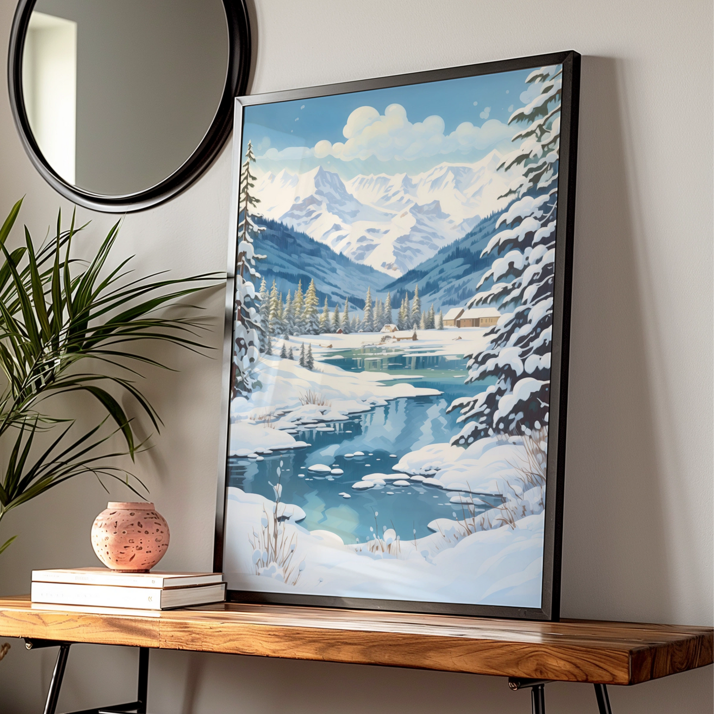 Christmas Winter Landscape Poster, Snowy Mountain Scene, Blue Festive Wall Art Print