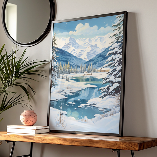 Christmas Winter Landscape Poster, Snowy Mountain Scene, Blue Festive Wall Art Print