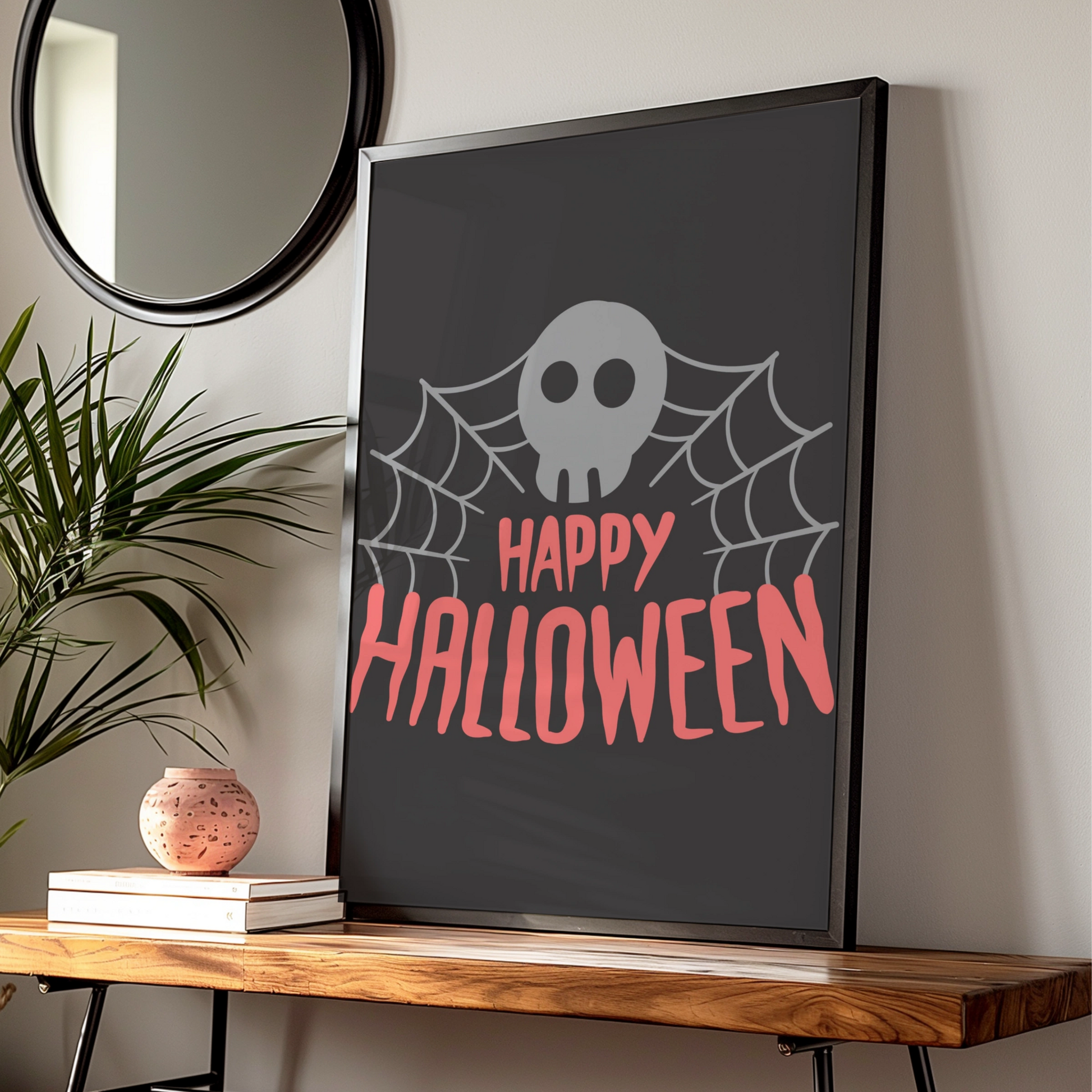 Happy Halloween Skull Spider Web Poster, Spooky Wall Art, Black Pink Halloween Print
