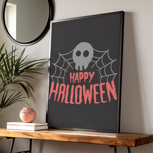 Happy Halloween Skull Spider Web Poster, Spooky Wall Art, Black Pink Halloween Print