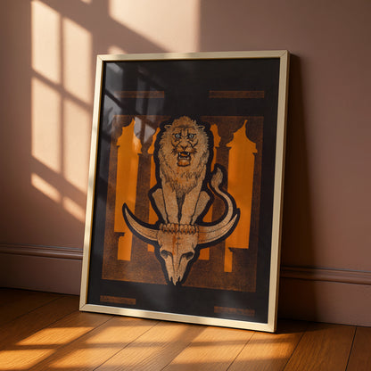 Halloween Lion Skull Art Print, Dark Gothic Poster, Orange Black Occult Wall Art