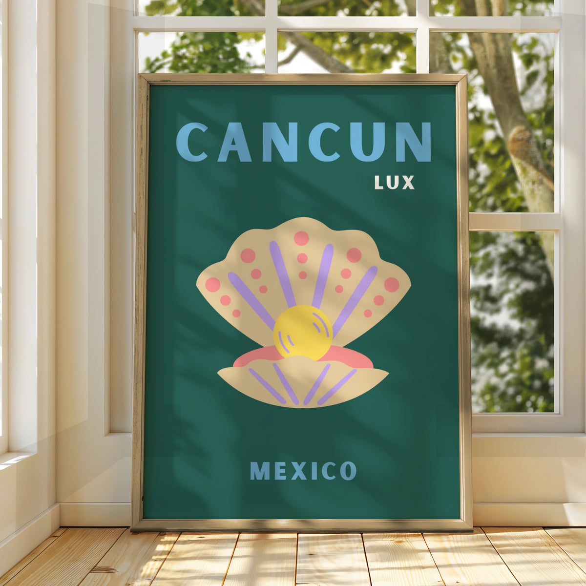 Cancun Mexico Travel Poster, Retro Seashell Wall Art, Mexican Beach Print