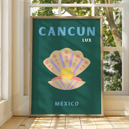 Cancun Mexico Travel Poster, Retro Seashell Wall Art, Mexican Beach Print