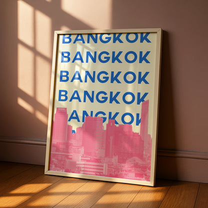 Bangkok Travel Poster, Thailand City Wall Art, Retro Skyline Print, Bold Typography Decor