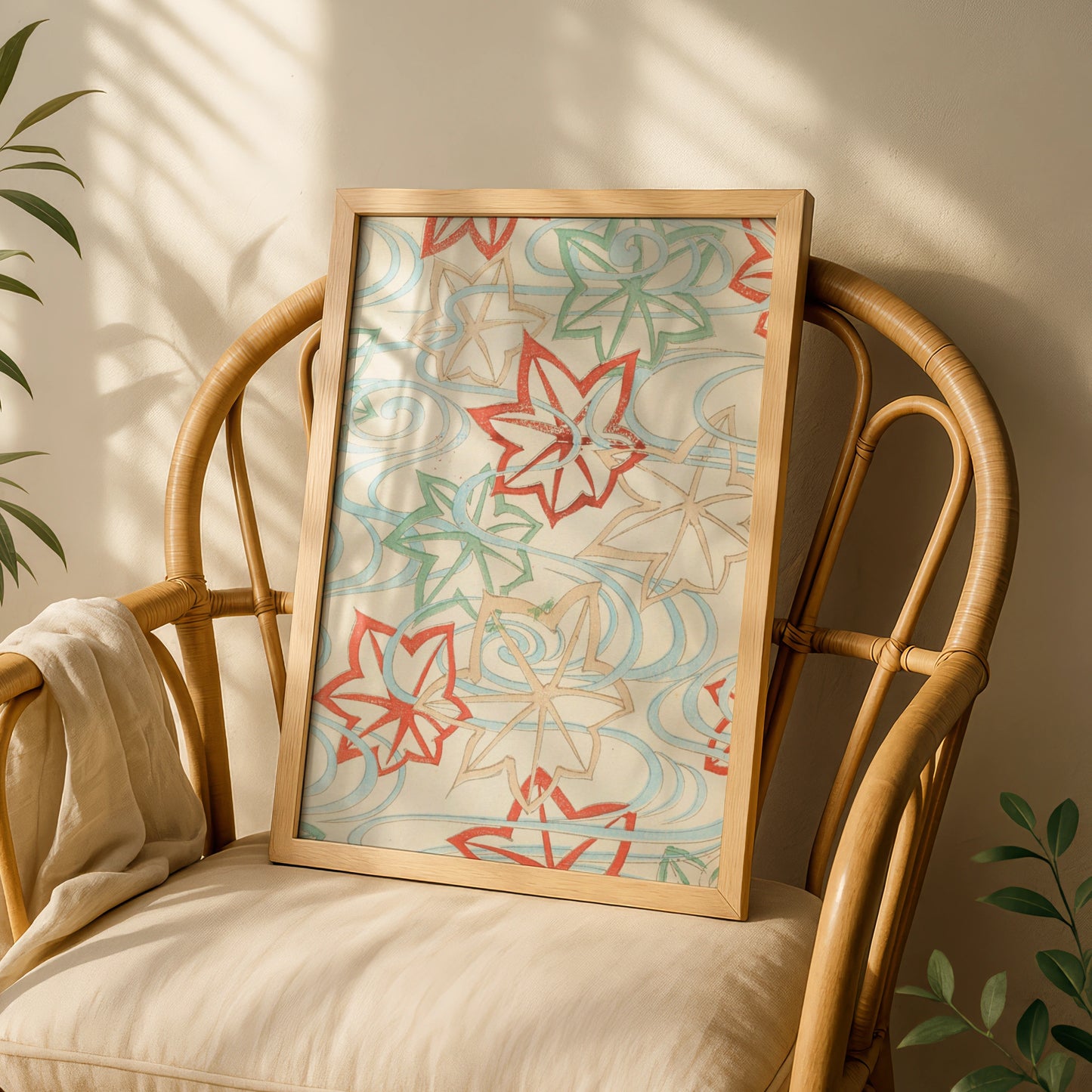 Japanese Botanical Print, Vintage Woodblock Wall Art, Maple Leaf Floral Japandi Poster – A5 White frame