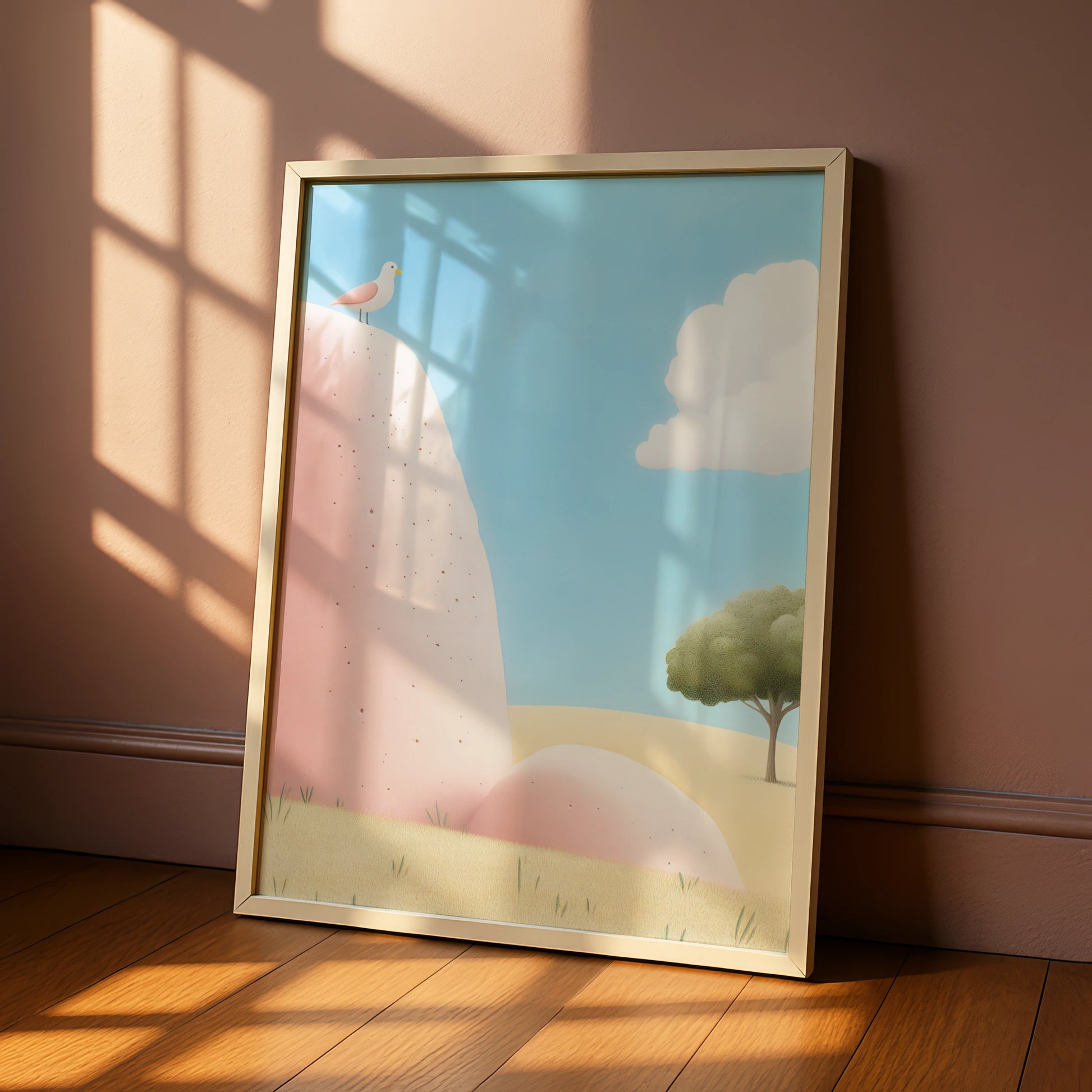 Nursery Wall Art Bird on Rock, Pastel Landscape Poster, Baby Room Decor Print