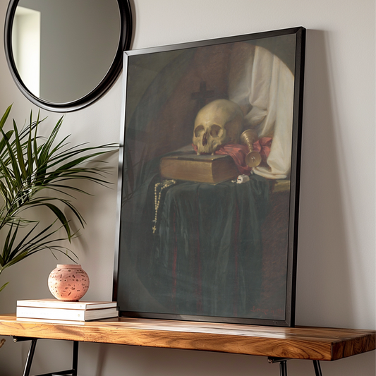 Vanitas Skull Still Life Halloween Art Print, Gothic Memento Mori Poster, Dark Academia Wall Art