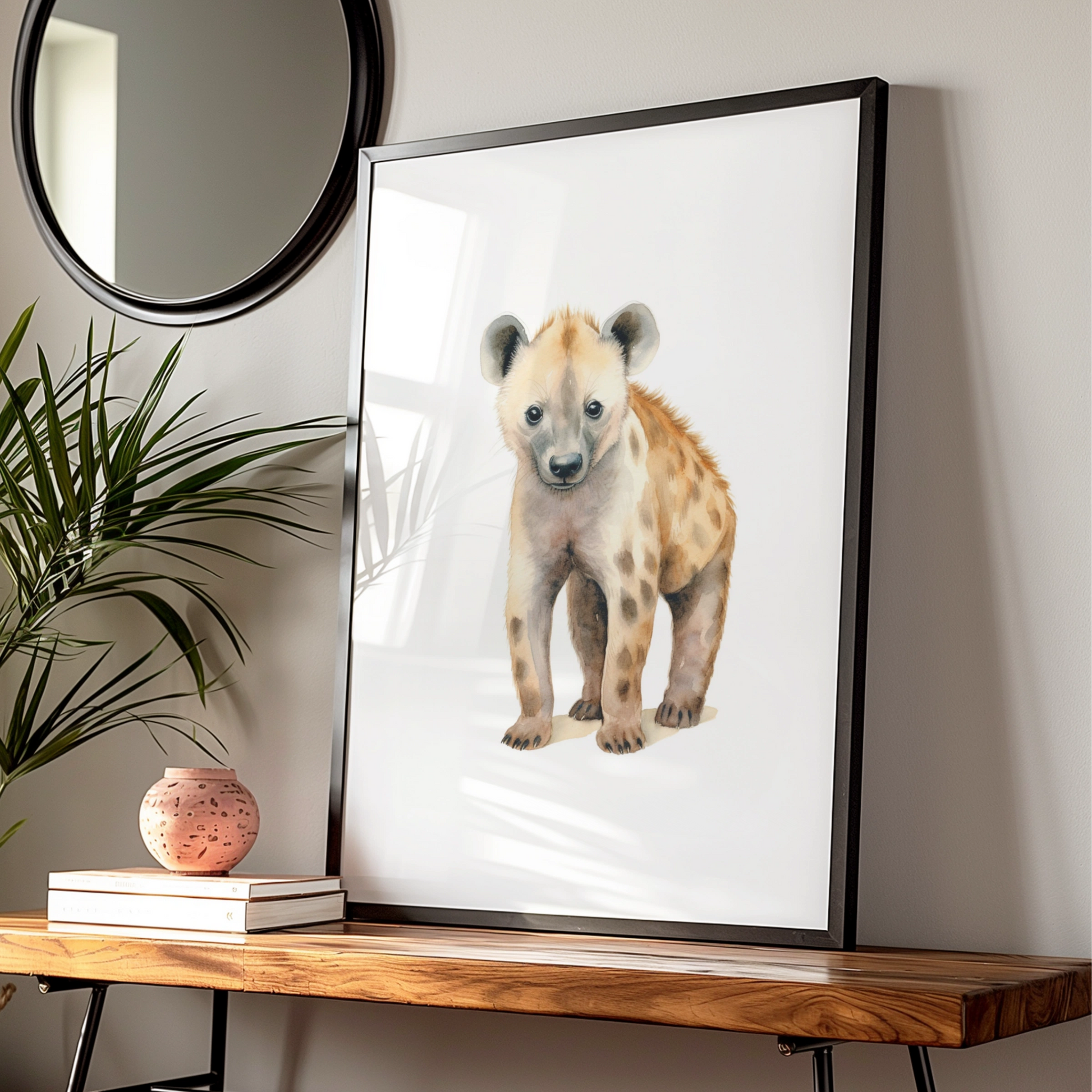 Baby Hyena Nursery Wall Art, Watercolour Safari Animal Print, Kids Room Poster