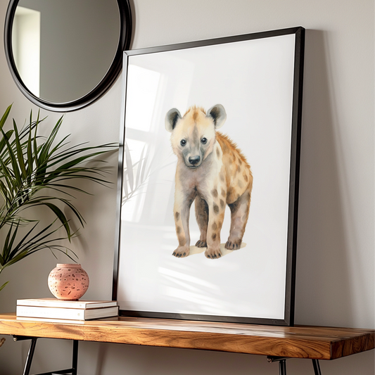 Baby Hyena Nursery Wall Art, Watercolour Safari Animal Print, Kids Room Poster