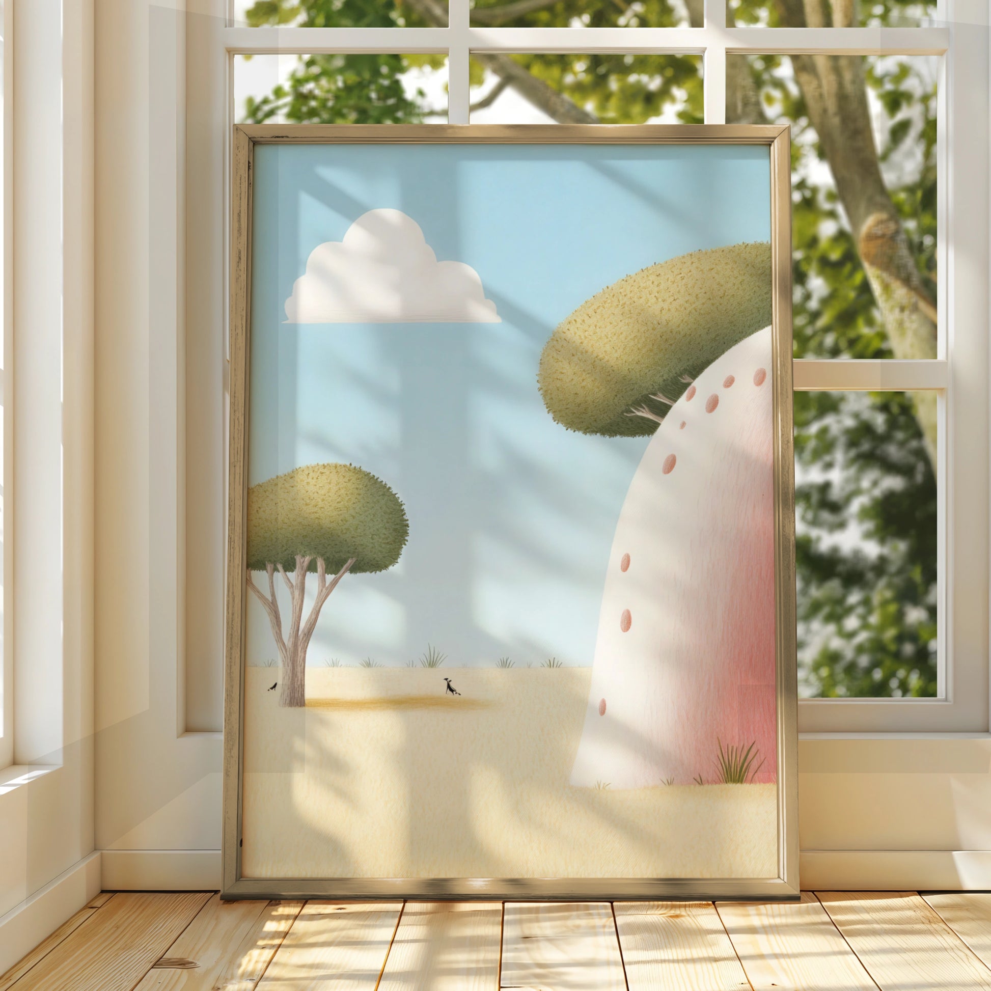Nursery Wall Art Mushroom Print, Whimsical Pastel Poster, Kids Room Decor, Dreamy Landscape Children