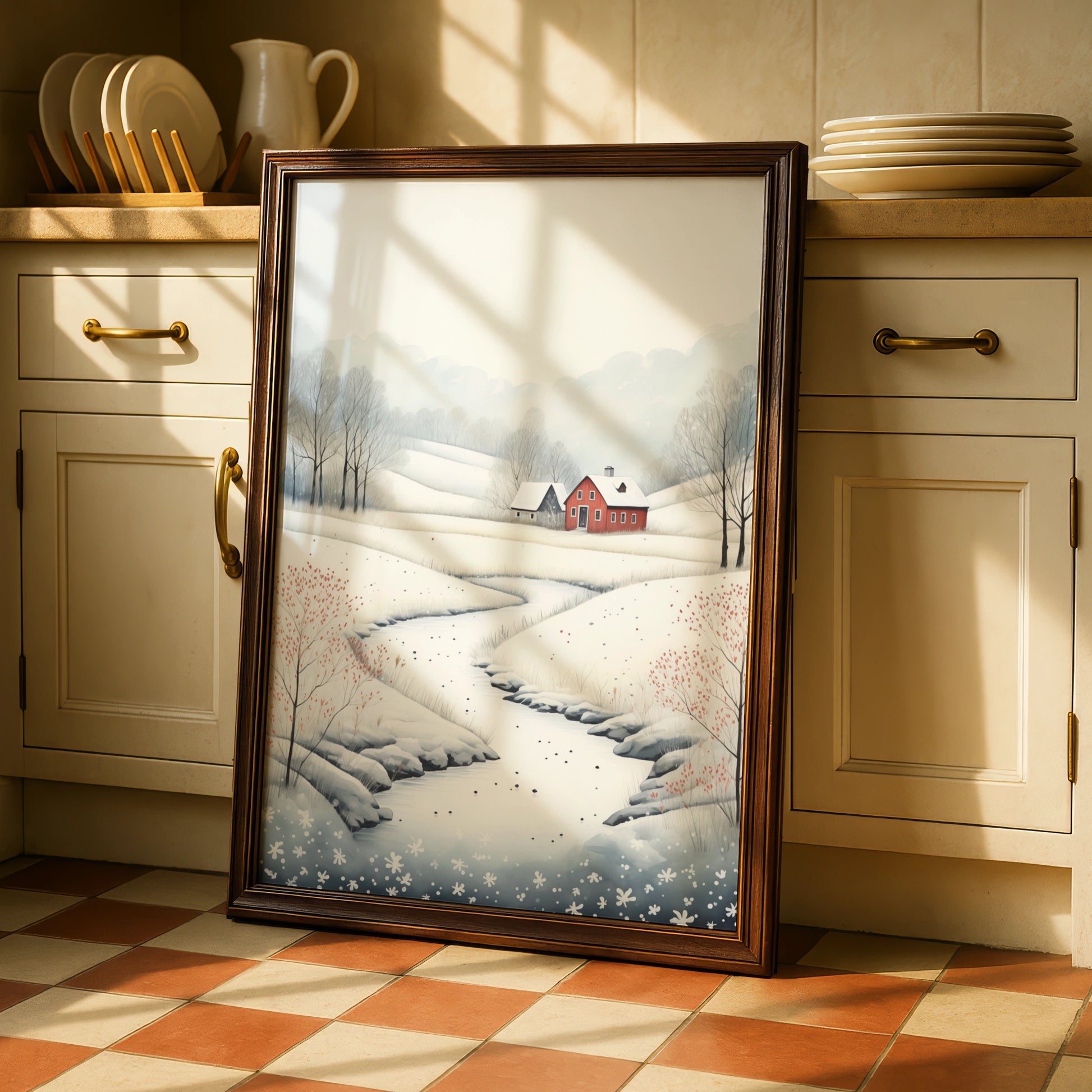 Christmas Winter Landscape Poster, Snowy Red Farmhouse Wall Art, Scandi Style Xmas Print