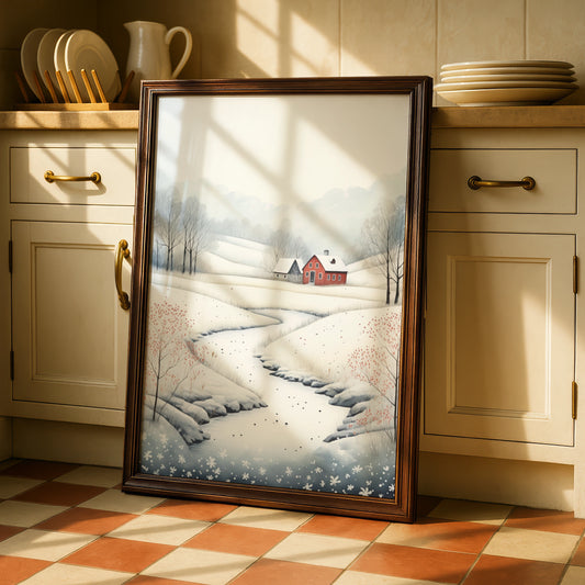 Christmas Winter Landscape Poster, Snowy Red Farmhouse Wall Art, Scandi Style Xmas Print