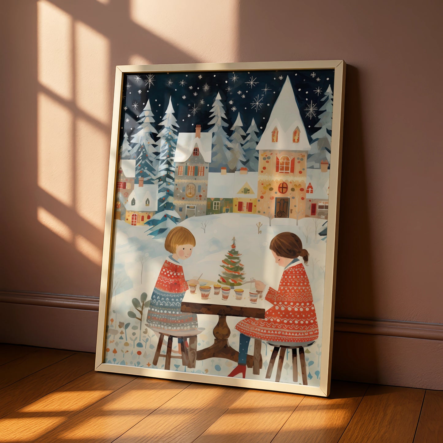 Christmas Village Poster, Festive Winter Scene, Children Holiday Wall Art, Snowy Xmas Print