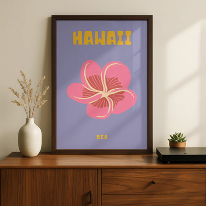 Hawaii Travel Poster, Tropical Flower Wall Art, Retro Hawaii Print, Plumeria Decor