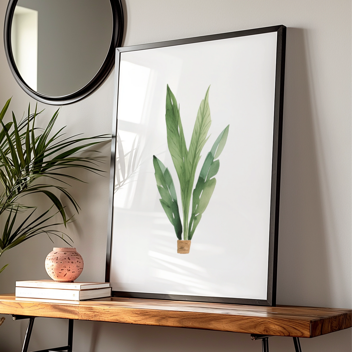 Nursery Wall Art Green Plant Poster, Watercolour Tropical Leaves, Baby Room Decor Print