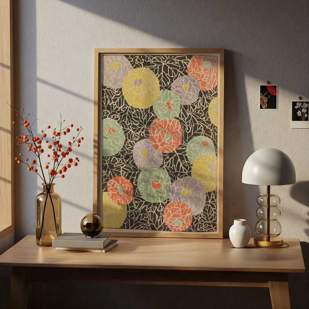 Japanese Botanical Print, Vintage Woodblock Wall Art, Floral Japandi Poster, Colourful Leaf Pattern – A4 print
