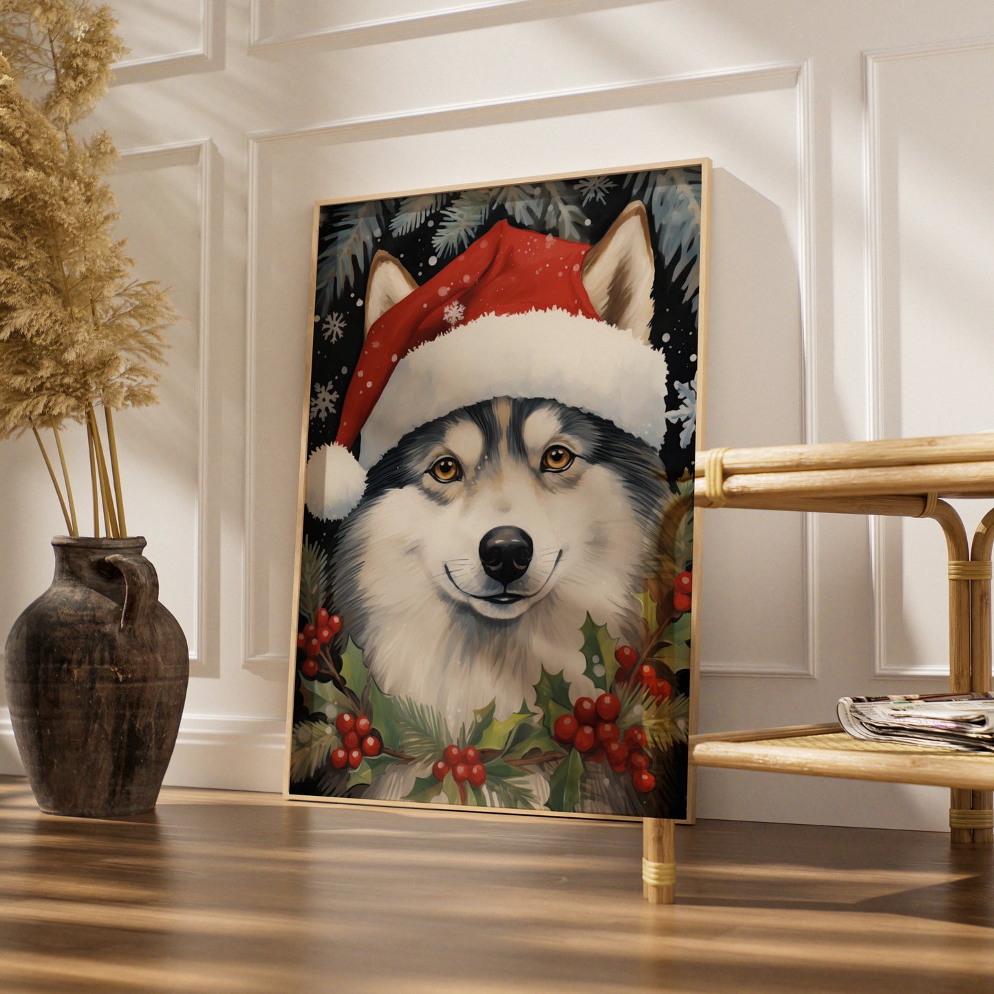 Christmas Husky Poster, Santa Hat Dog Wall Art, Festive Husky Print, Holiday Animal Decor