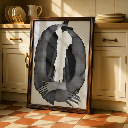 Abstract Figure Embrace Monochrome Wall Art, Black and White Modern Print, Gallery Wall Poster