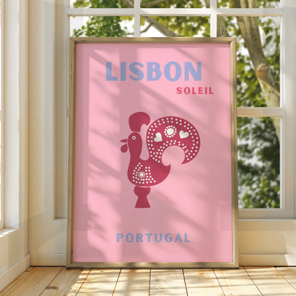 Lisbon Portugal Travel Poster, Retro Wall Art, Pink Rooster Print, Iberian Decor