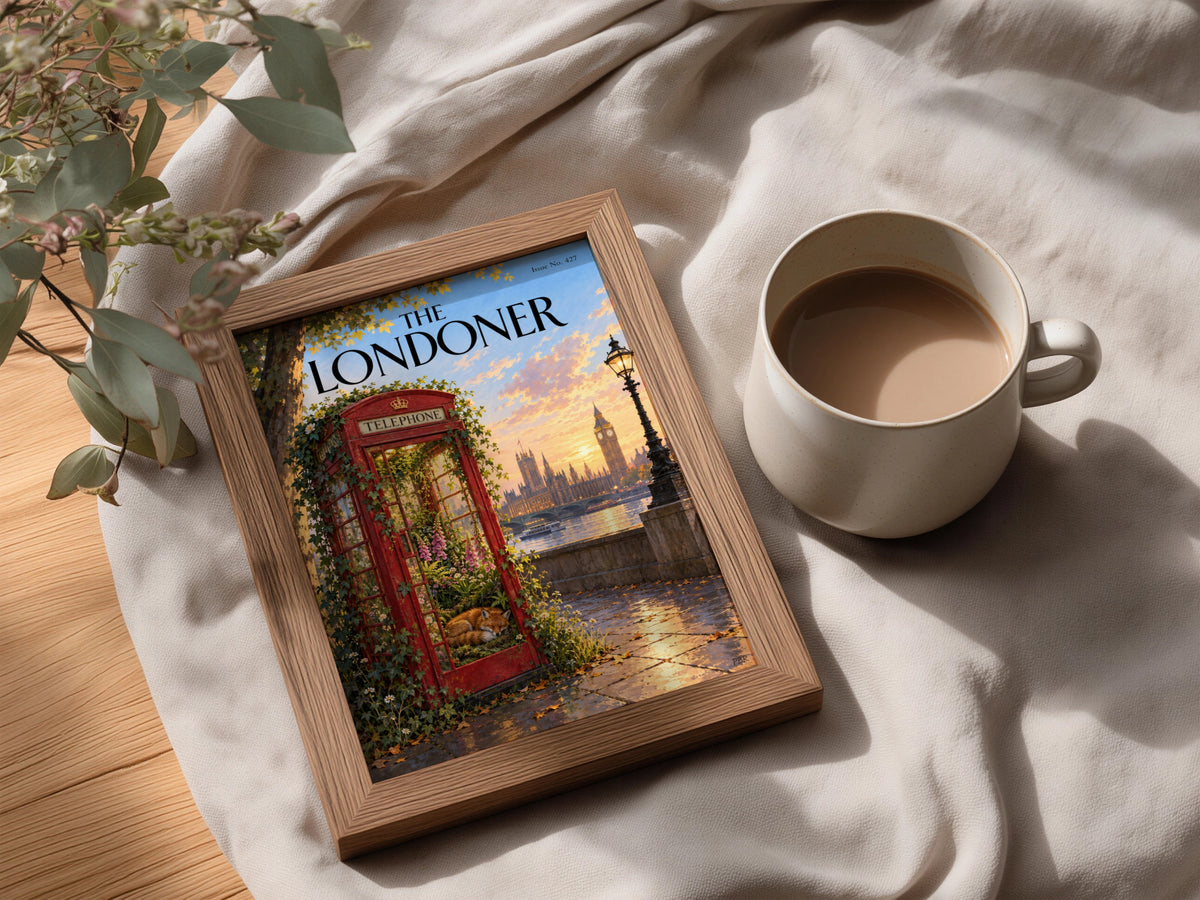 London Telephone Box Poster, Sleeping Fox Wall Art Print, Big Ben Sunset Thames Illustration