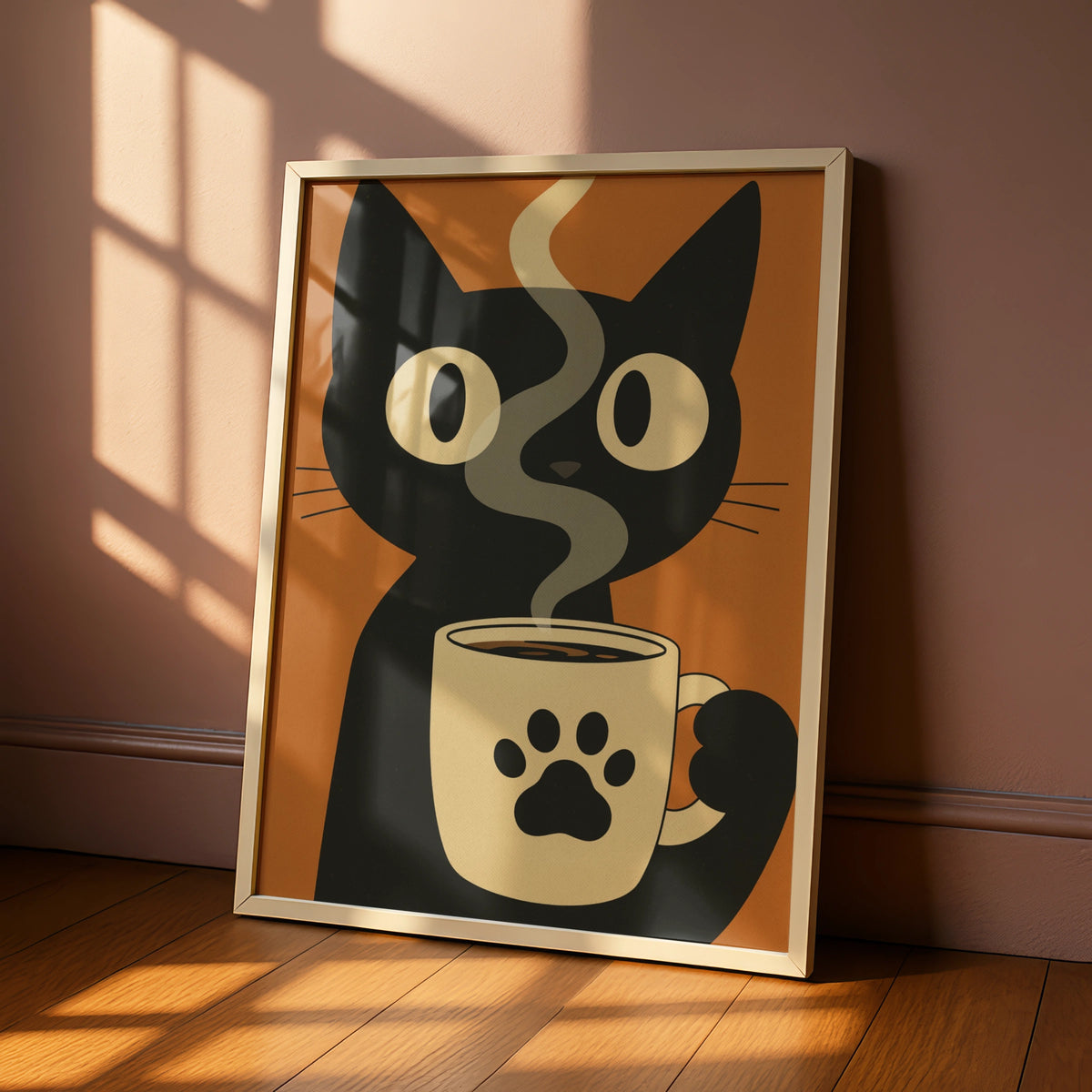 Black Cat Coffee Cartoon Poster, Funny Cat Wall Art, Retro Quirky Print, Kitchen Decor
