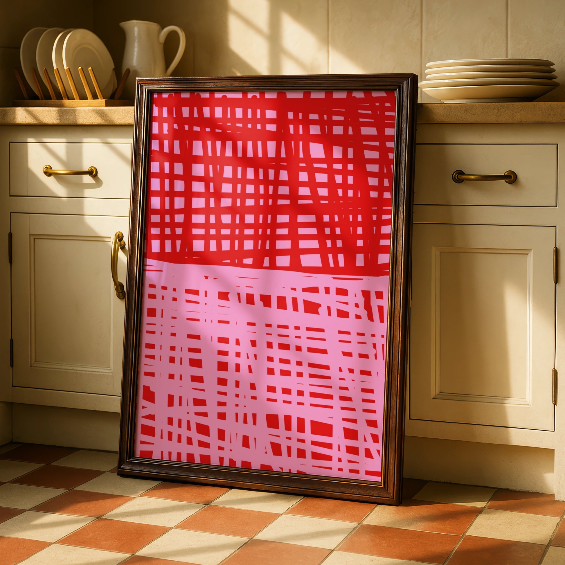Maximalist Red Pink Grid Pattern Poster, Bold Abstract Wall Art, Modern Graphic Print